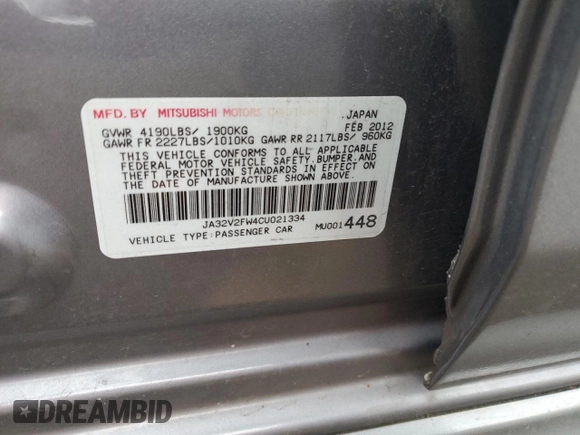 2012 Mitsubishi Lancer SE with VIN JA32V2FW4CU021334, listed as a Copart auction lot 52958405 with 117,432 mi miles and Salvage Title. Bid and sale history available at DreamBid. Image 12.