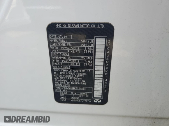 2019 Infiniti QX50 Luxe с VIN 3PCAJ5M39KF144654, выставлен на аукционе Copart как лот 60244845 с пробегом 132 057 миль миль и Списание • Salvage title. История ставок и продаж доступна на DreamBid. Изображение 13.