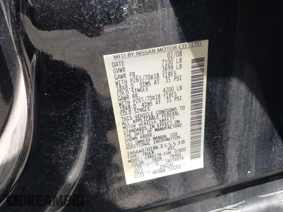 2008 Nissan Titan XE с VIN 1N6AA07D18N355538, выставлен на аукционе IAAI как лот 42100136 с пробегом 102 134 миль миль и . История ставок и продаж доступна на DreamBid. Изображение 9.