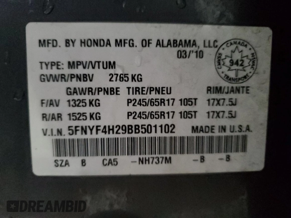 2011 Honda Pilot LX with VIN 5FNYF4H29BB501102, listed as a Copart auction lot 47206265 with Not Provided miles and Clean Title. Bid and sale history available at DreamBid. Image 14.