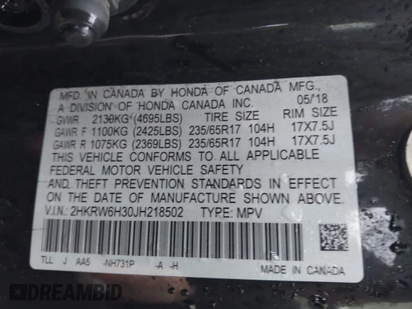2018 Honda CR-V LX with VIN 2HKRW6H30JH218502, listed as a IAAI auction lot 41109826 with Not Provided miles. Bid and sale history available at carsss.com. Image 9.