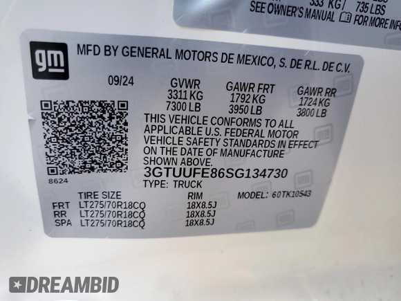2025 GMC Sierra 1500 with VIN 3GTUUFE86SG134730, listed as a Copart auction lot 46269695 with 2,282 mi miles and Salvage Title. Bid and sale history available at DreamBid. Image 12.