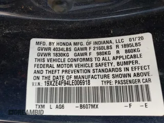 2020 Honda Insight Touring with VIN 19XZE4F94LE006918, listed as a IAAI auction lot 41777662 with Not Provided miles and . Bid and sale history available at carsss.com. Image 9.