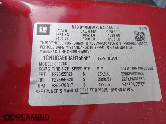 2010 Chevrolet Tahoe LS with VIN 1GNUCAE00AR156681, listed as a IAAI auction lot 41782438 with 303,979 mi miles and . Bid and sale history available at DreamBid. Image 9.