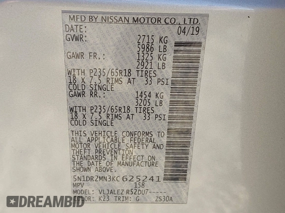 2019 Nissan Pathfinder SL with VIN 5N1DR2MN3KC625241, listed as a IAAI auction lot 41900008 with 156,509 mi miles and . Bid and sale history available at DreamBid. Image 9.