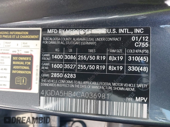 2012 Mercedes-Benz M 350 with VIN 4JGDA5HB4CA036981, listed as a IAAI auction lot 41831212 with 97,387 mi miles and . Bid and sale history available at DreamBid. Image 9.