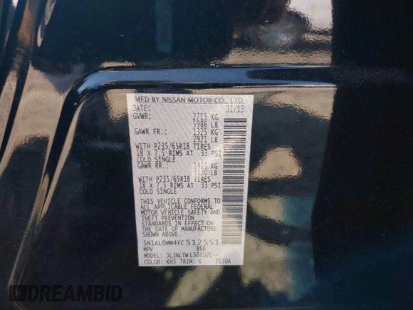 2015 Infiniti QX60 with VIN 5N1AL0MM4FC512551, listed as a IAAI auction lot 42336601 with 156,061 mi miles and . Bid and sale history available at DreamBid. Image 9.