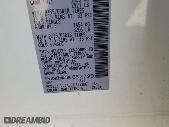 2017 Nissan Pathfinder SV z VIN 5N1DR2MN4HC657799, wystawiony jako Copart lot #58444065 z przebiegiem 90 473 mil mil oraz Szkoda całkowita • Salvage title. Historia ofert i sprzedaży dostępna na DreamBid. Obrazek 14.