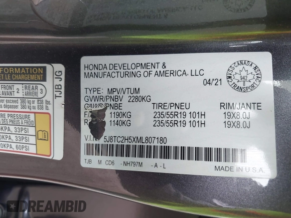 2021 Acura RDX Technology with VIN 5J8TC2H5XML807180, listed as a IAAI auction lot 42779411 with 46,515 mi miles and . Bid and sale history available at DreamBid. Image 9.