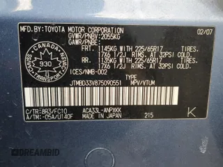 2007 Toyota RAV4 with VIN JTMBD33V875090551, listed as a Copart auction lot 53715375 with 135,463 mi miles and Clean Title. Bid and sale history available at carsss.com. Image 14.