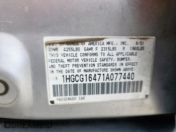 2001 Honda Accord LX z VIN 1HGCG16471A077440, wystawiony jako Copart lot #57621925 z przebiegiem 178 297 mil mil oraz Szkoda całkowita • Salvage title. Historia ofert i sprzedaży dostępna na DreamBid. Obrazek 12.