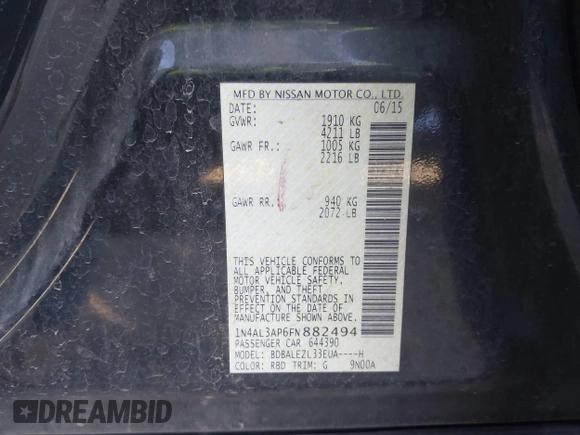 2015 Nissan Altima S with VIN 1N4AL3AP6FN882494, listed as a IAAI auction lot 41395475 with 138,974 mi miles and . Bid and sale history available at carsss.com. Image 9.