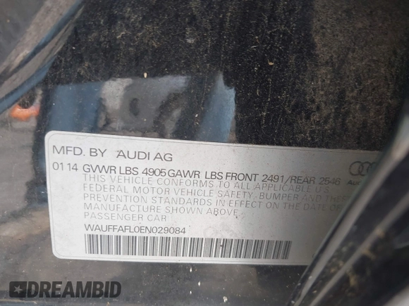 2014 Audi A4 Premium Plus with VIN WAUFFAFL0EN029084, listed as a IAAI auction lot 42644601 with 128,551 mi miles and . Bid and sale history available at DreamBid. Image 9.