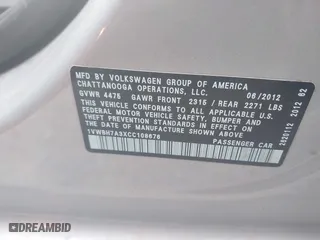 2012 Volkswagen Passat SE with VIN 1VWBH7A3XCC108676, listed as a IAAI auction lot 41897380 with 94,066 mi miles. Bid and sale history available at carsss.com. Image 9.