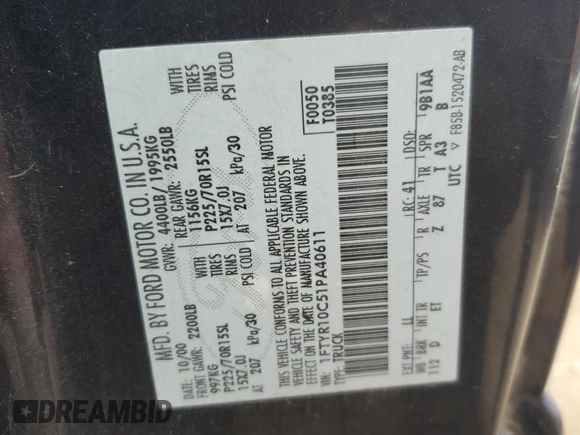 2001 Ford Ranger XL with VIN 1FTYR10C51PA40611, listed as a Copart auction lot 51358185 with 120,286 mi miles and Salvage Title. Bid and sale history available at carsss.com. Image 12.