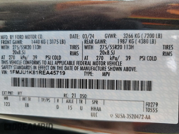 2024 Ford Expedition Limited с VIN 1FMJU1K81REA45719, выставлен на аукционе Copart как лот 59582435 с пробегом 24 540 миль миль и Чистый • Clean title. История ставок и продаж доступна на DreamBid. Изображение 14.