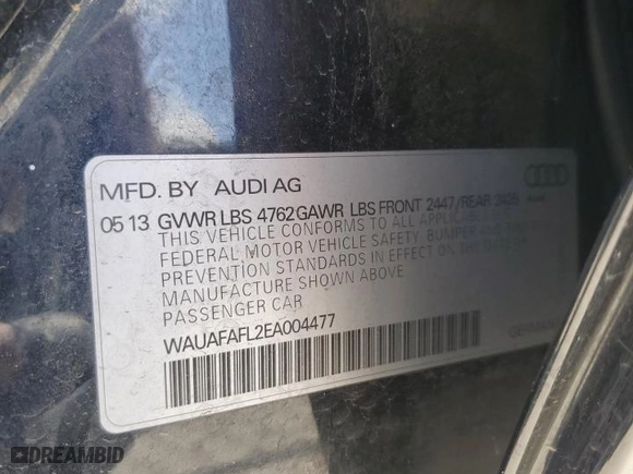 2014 Audi A4 Premium with VIN WAUAFAFL2EA004477, listed as a Copart auction lot 49295435 with 0 mi miles and Salvage Title. Bid and sale history available at carsss.com. Image 13.