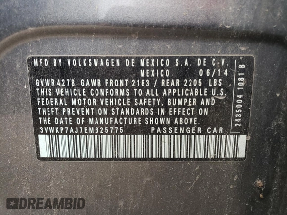 2014 Volkswagen Jetta S with VIN 3VWKP7AJ7EM625775, listed as a Copart auction lot 72541654 with 153,584 mi miles and Salvage title. Bid and sale history available at DreamBid. Image 12.