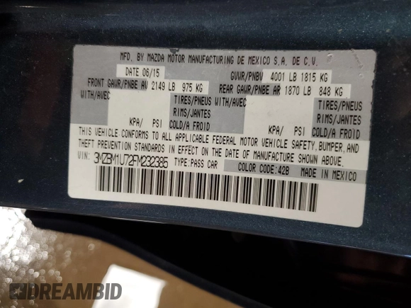 2015 Mazda 3 i Sport with VIN 3MZBM1U72FM232385, listed as a Copart auction lot 48730855 with 56,908 mi miles and Salvage Title. Bid and sale history available at carsss.com. Image 12.