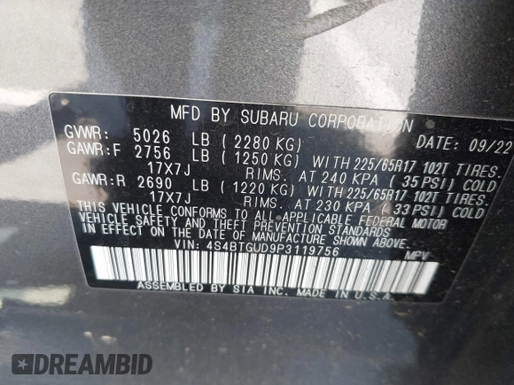 2023 Subaru Outback Wilderness with VIN 4S4BTGUD9P3119756, listed as a IAAI auction lot 42206143 with 33,502 mi miles and . Bid and sale history available at DreamBid. Image 9.