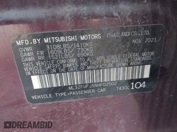 2022 Mitsubishi Mirage ES с VIN ML32FUFJ5NHF02502, выставлен на аукционе IAAI как лот 41584949 с пробегом 79 745 миль миль и . История ставок и продаж доступна на DreamBid. Изображение 9.