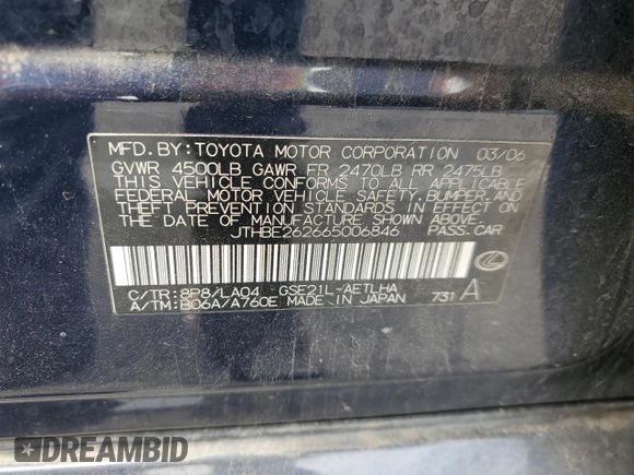 2006 Lexus IS 350 with VIN JTHBE262665006846, listed as a Copart auction lot 58867885 with 191,208 mi miles and Salvage title. Bid and sale history available at DreamBid. Image 12.