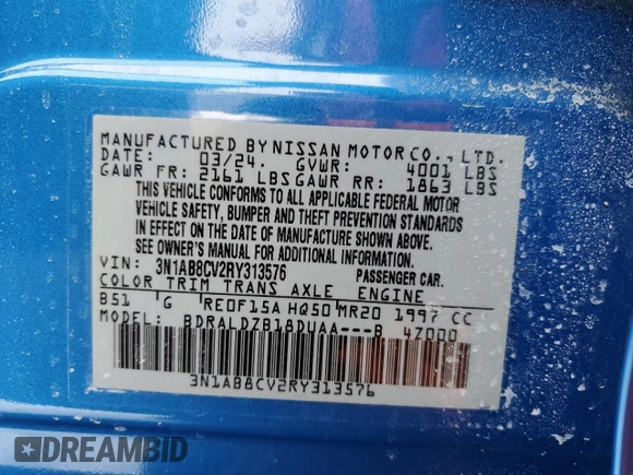 2024 Nissan Sentra SV with VIN 3N1AB8CV2RY313576, listed as a Copart auction lot 44943845 with 8,070 mi miles and Non repairable. Bid and sale history available at DreamBid. Image 12.