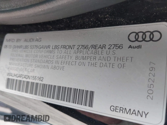 2013 Audi A6 Prestige with VIN WAUHGAFC4DN155162, listed as a IAAI auction lot 42558440 with 162,873 mi miles and . Bid and sale history available at DreamBid. Image 9.