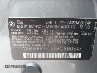 2011 BMW 5 Series 535i with VIN WBAFR7C53BC800547, listed as a IAAI auction lot 41510473 with 194,429 mi miles and . Bid and sale history available at carsss.com. Image 9.