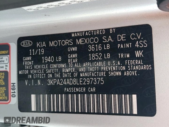 2020 Kia Rio S with VIN 3KPA24AD8LE297375, listed as a Copart auction lot 48999545 with 79,183 mi miles and Salvage Title. Bid and sale history available at carsss.com. Image 14.