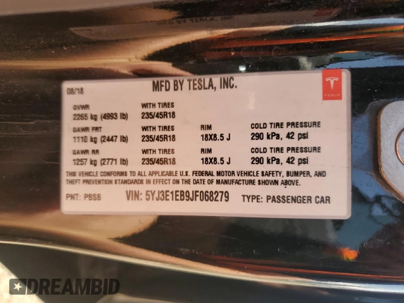 2018 Tesla Model 3 Long Range Battery with VIN 5YJ3E1EB9JF068279, listed as a Copart auction lot 54244155 with 126,279 mi miles and Clean Title. Bid and sale history available at DreamBid. Image 12.