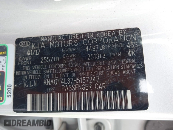 2017 Kia Optima LX with VIN KNAGT4L37H5157247, listed as a IAAI auction lot 42497025 with 154,721 mi miles and . Bid and sale history available at DreamBid. Image 9.