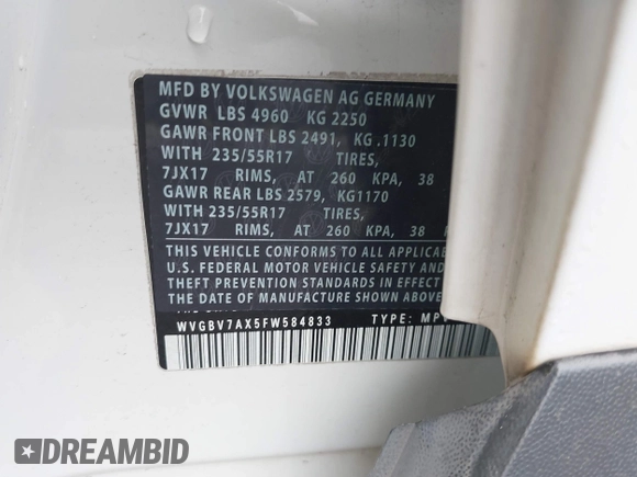 2015 Volkswagen Tiguan SE z VIN WVGBV7AX5FW584833, wystawiony jako IAAI lot #41855476 z przebiegiem 123 299 mil mil oraz . Historia ofert i sprzedaży dostępna na DreamBid. Obrazek 9.