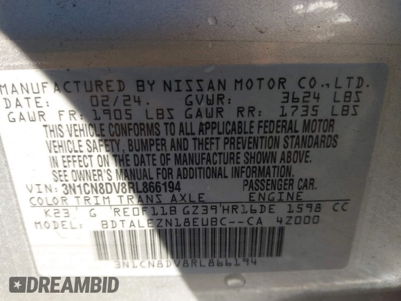 2024 Nissan Versa S z VIN 3N1CN8DV8RL866194, wystawiony jako IAAI lot #41420972 z przebiegiem 23 000 mil mil oraz . Historia ofert i sprzedaży dostępna na DreamBid. Obrazek 9.