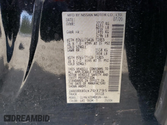 2020 Nissan Frontier Pro-4X with VIN 1N6ED0EB5LN703795, listed as a Copart auction lot 49648955 with 35,361 mi miles and Salvage title. Bid and sale history available at DreamBid. Image 15.