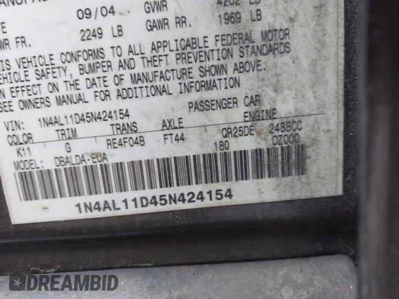 2005 Nissan Altima SL z VIN 1N4AL11D45N424154, wystawiony jako IAAI lot #42037793 z przebiegiem 117 461 mil mil oraz . Historia ofert i sprzedaży dostępna na DreamBid. Obrazek 9.