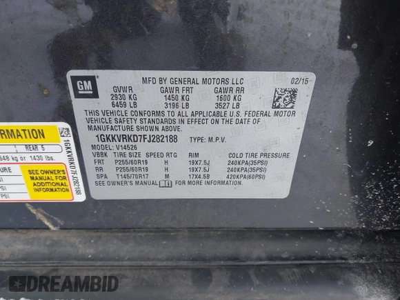 2015 GMC Acadia SLT with VIN 1GKKVRKD7FJ282188, listed as a IAAI auction lot 41610986 with 171,935 mi miles. Bid and sale history available at carsss.com. Image 9.