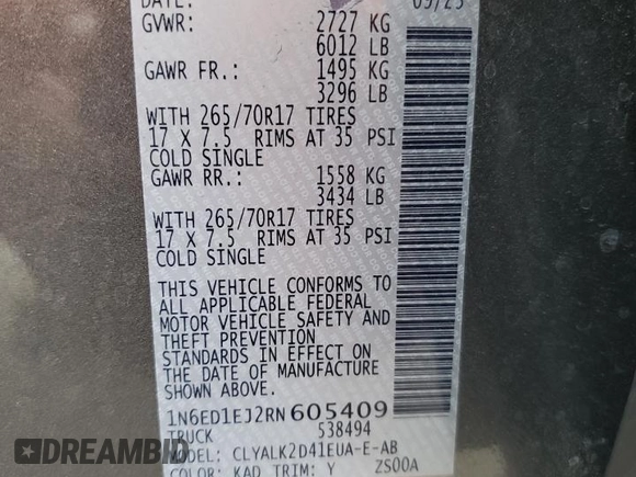 2024 Nissan Frontier Pro-X z VIN 1N6ED1EJ2RN605409, wystawiony jako Copart lot #85559674 z przebiegiem 6 850 mil mil oraz Nie do naprawy • Non repairable. Historia ofert i sprzedaży dostępna na DreamBid. Obrazek 14.
