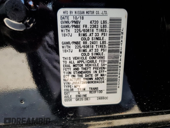 2019 Nissan Rogue SV with VIN JN8AT2MV4KW384334, listed as a Copart auction lot 51304765 with 90,144 mi miles and Salvage Title. Bid and sale history available at carsss.com. Image 13.