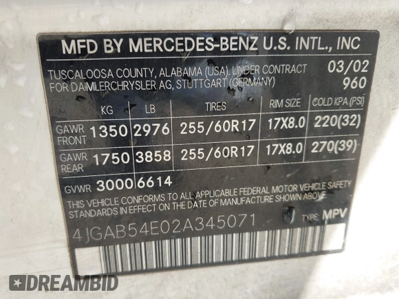 2002 Mercedes-Benz M 320/430/500 with VIN 4JGAB54E02A345071, listed as a IAAI auction lot 42158686 with Not provided miles and . Bid and sale history available at DreamBid. Image 9.