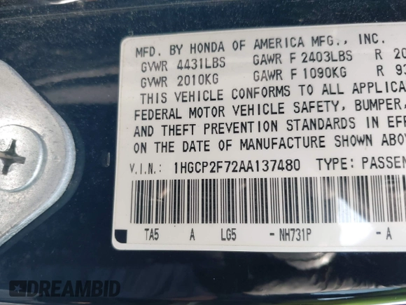 2010 Honda Accord EX with VIN 1HGCP2F72AA137480, listed as a IAAI auction lot 42483734 with 156,613 mi miles and . Bid and sale history available at DreamBid. Image 9.