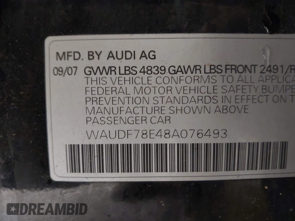 2008 Audi A4 2.0T with VIN WAUDF78E48A076493, listed as a IAAI auction lot 42588126 with 190,373 mi miles and . Bid and sale history available at DreamBid. Image 9.