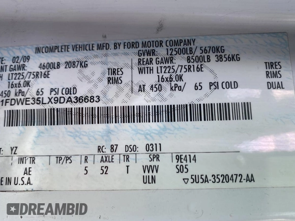 2009 Ford Econoline Cargo with VIN 1FDWE35LX9DA36683, listed as a Copart auction lot 50453625 with 309,448 mi miles and Salvage Title. Bid and sale history available at DreamBid. Image 10.