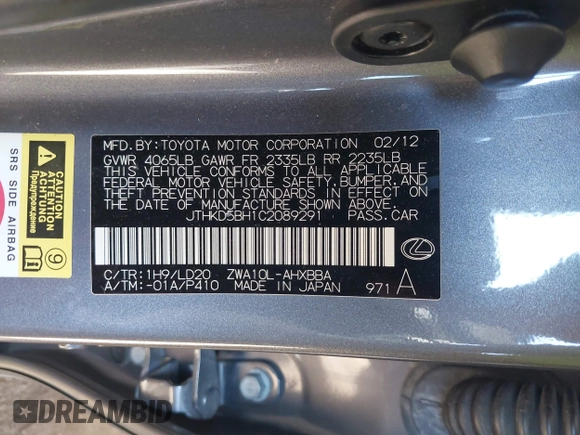 2012 Lexus CT CT 200h with VIN JTHKD5BH1C2089291, listed as a IAAI auction lot 41764841 with 110,328 mi miles and . Bid and sale history available at carsss.com. Image 9.