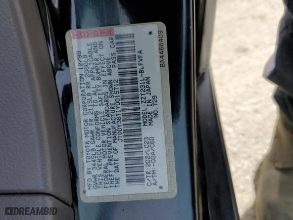2000 Toyota Celica GTS with VIN JTDDY38T1Y0015712, listed as a Copart auction lot 57557284 with 166,453 mi miles and Salvage Title. Bid and sale history available at carsss.com. Image 12.