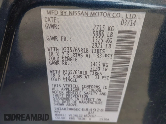 2014 Nissan Pathfinder SV with VIN 5N1AR2MM6EC684928, listed as a IAAI auction lot 42502135 with 46,029 mi miles and . Bid and sale history available at DreamBid. Image 9.
