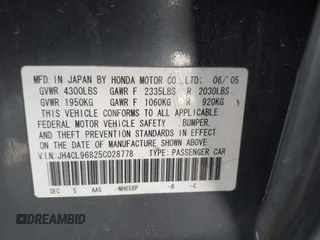 2005 Acura TSX with VIN JH4CL96825C028778, listed as a IAAI auction lot 41898722 with 188,519 mi miles. Bid and sale history available at carsss.com. Image 9.