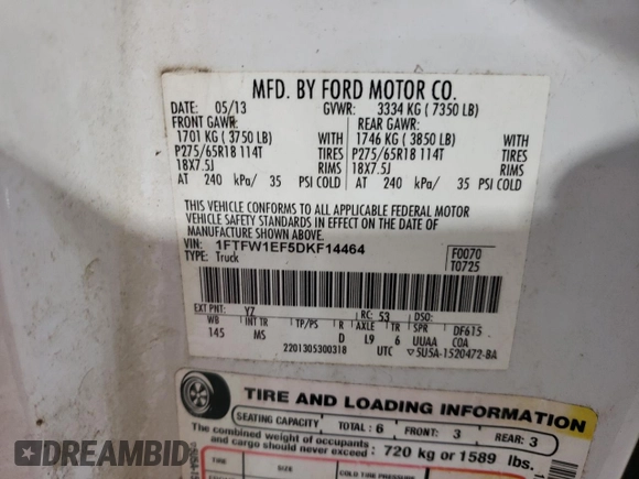 2013 Ford F-150 XL with VIN 1FTFW1EF5DKF14464, listed as a Copart auction lot 44739585 with 348,468 mi miles and Salvage Title. Bid and sale history available at carsss.com. Image 12.
