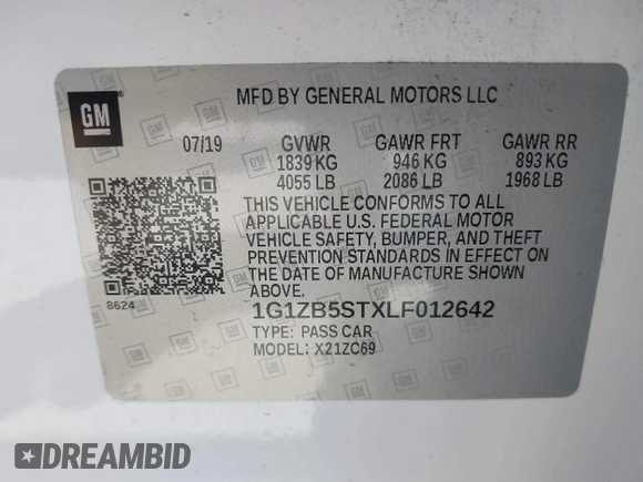 2020 Chevrolet Malibu LS with VIN 1G1ZB5STXLF012642, listed as a IAAI auction lot 41777011 with 69,100 mi miles and . Bid and sale history available at DreamBid. Image 9.