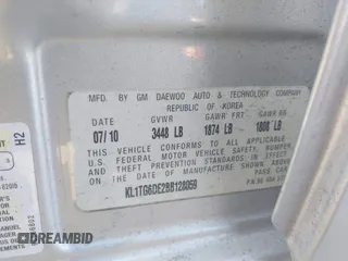 2011 Chevrolet Aveo 2LT with VIN KL1TG6DE2BB128059, listed as a IAAI auction lot 42495793 with 113,165 mi miles and . Bid and sale history available at DreamBid. Image 9.